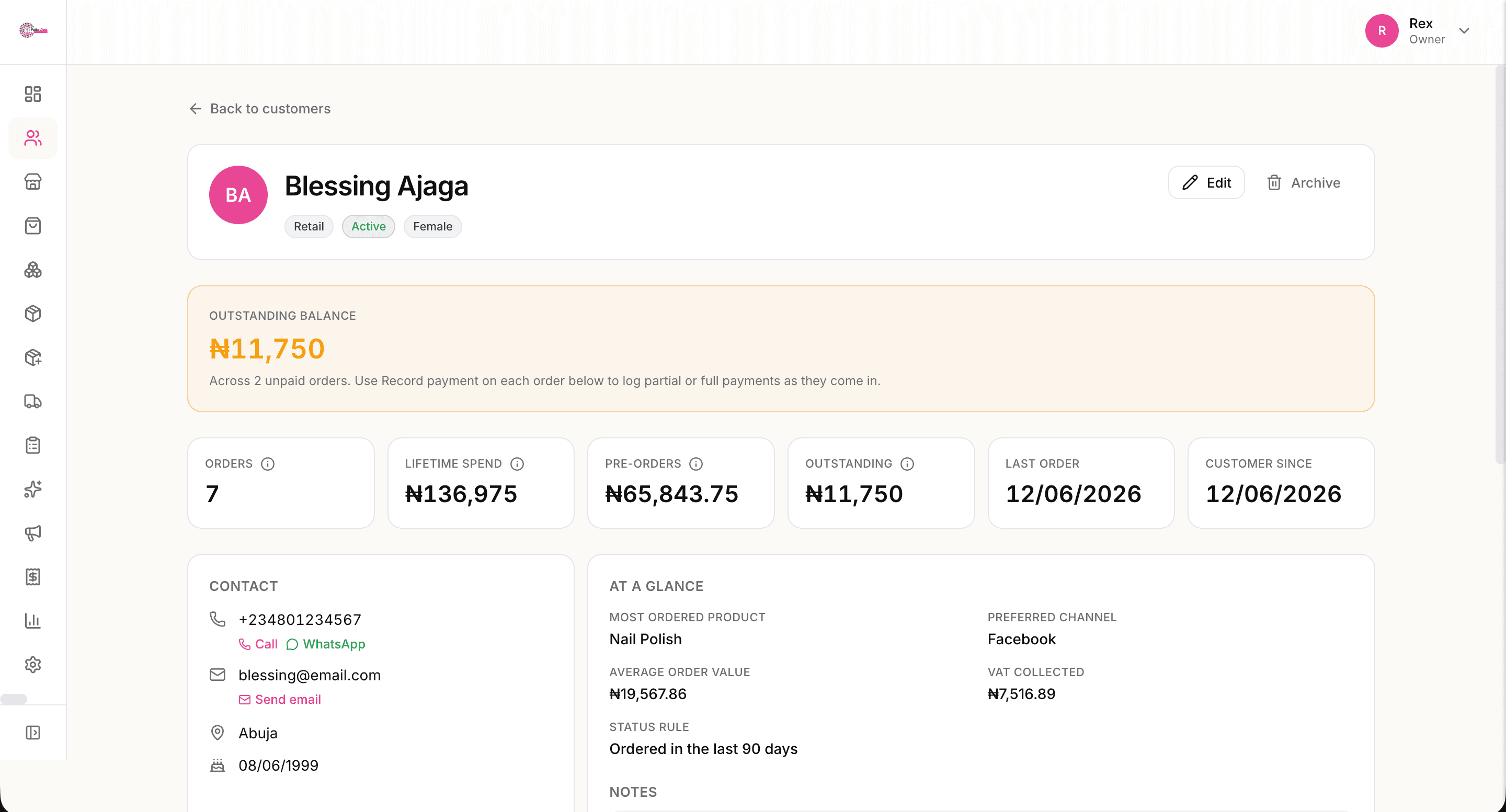 Customer profile with outstanding balance, lifetime spend, preferred channel.
