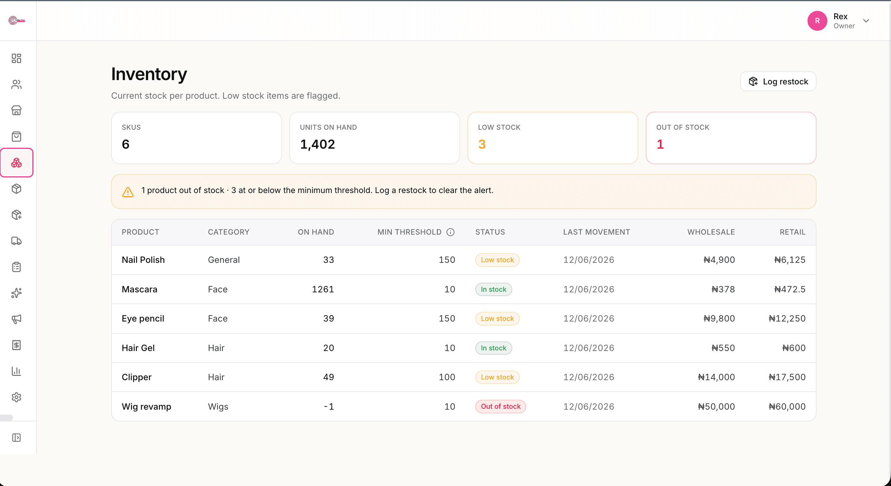 Inventory list with status badges for each product (Low stock, In stock, Out of stock).